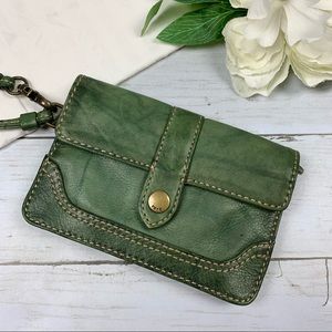 Frye Green Marbled Leather Wallet Wristlet Zippered Pockets Stitch Detailing